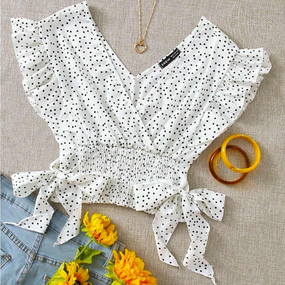 BARGAIN DEAL | Shein | Ruffled Crop Top | Black & White Polka-Dot | Large